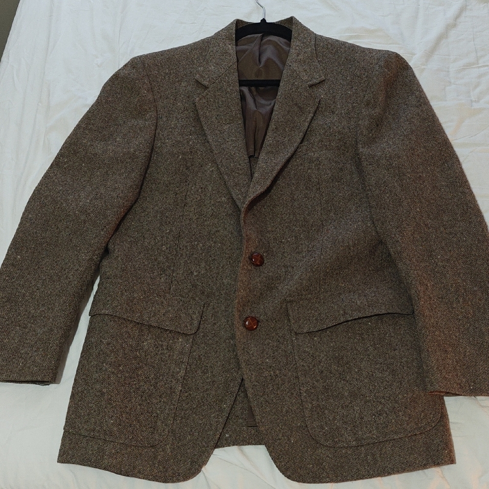 Warren Sewell Mens Herringbone Tweed Wool Blazer Sz 42 Brown VTG Leather Buttons
